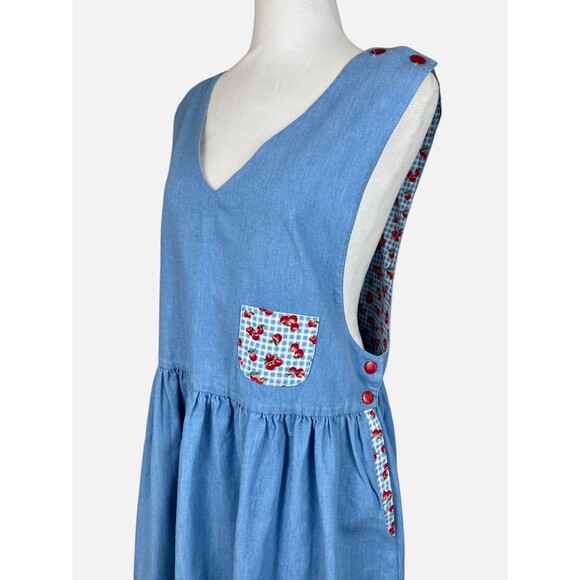 Vintage Chambray Apple Print Jumper Pinafore Dress Cottagecore Red Buttons M/L - Picture 5 of 13
